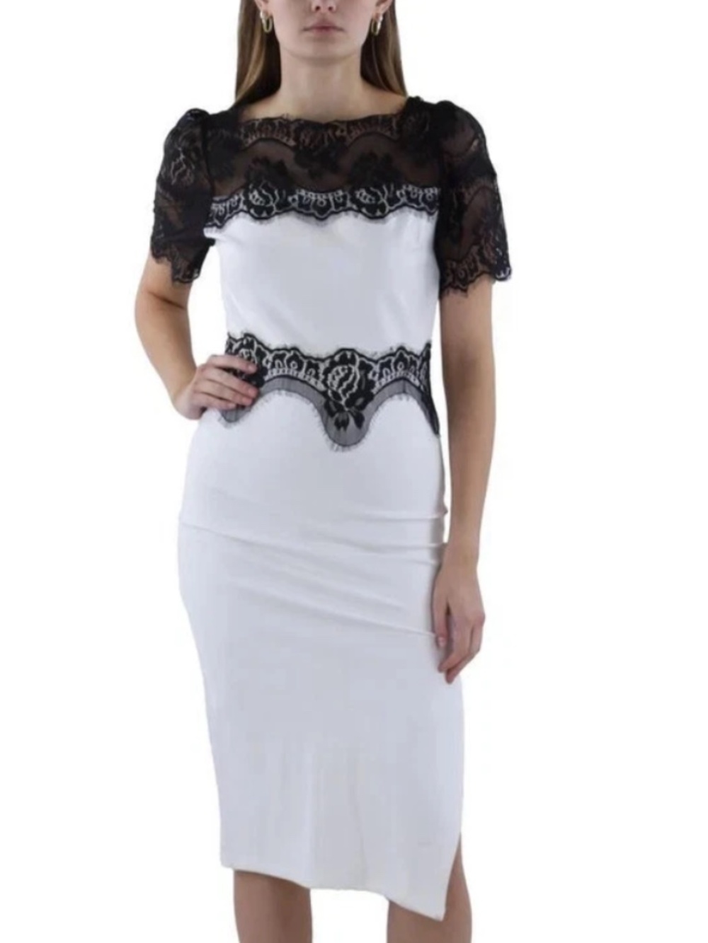 Beulah L Womens Lace Trim MIDI Semi-Formal Cocktail and Party Dress White Black